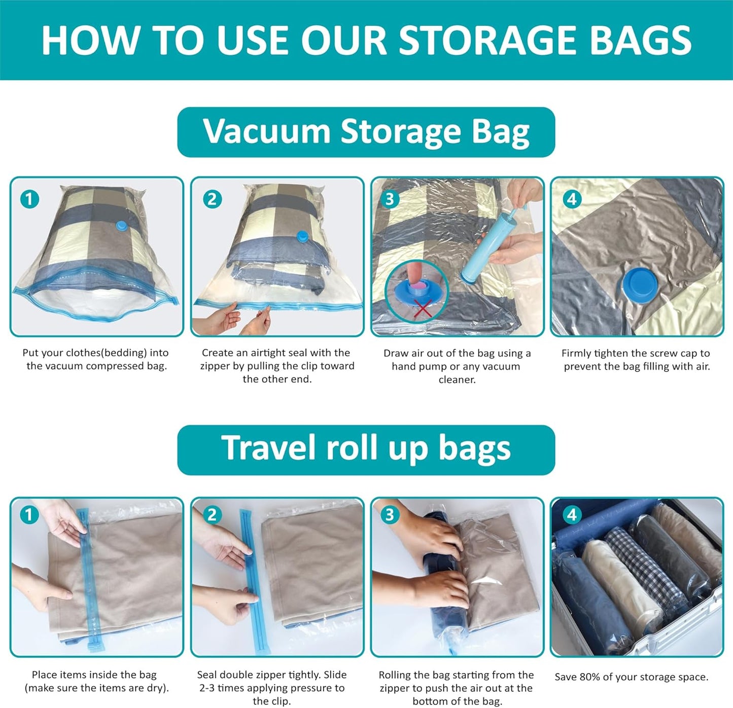 35 Pack Space Saver Bags (5 Jumbo/6 Large/6 Medium/6 Small/6 Roll-M/6 Roll-S) Compression Storage Bags for Comforters and Blankets, Vacuum Sealer Bags for Clothes Storage, Hand Pump Included