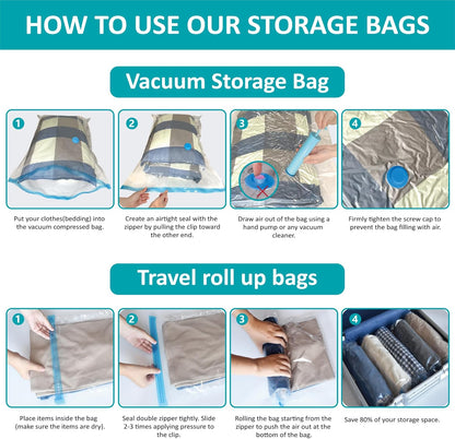 35 Pack Space Saver Bags (5 Jumbo/6 Large/6 Medium/6 Small/6 Roll-M/6 Roll-S) Compression Storage Bags for Comforters and Blankets, Vacuum Sealer Bags for Clothes Storage, Hand Pump Included