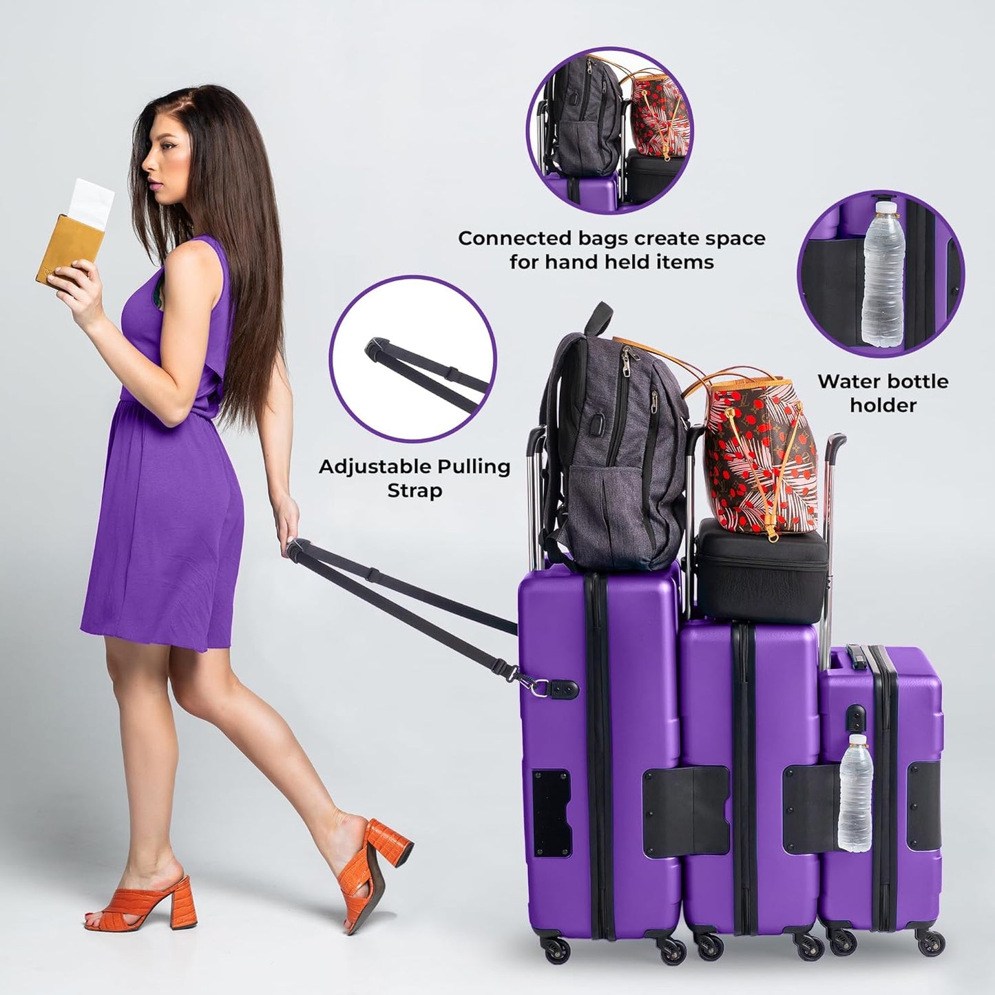 Tach V3.1 Hard Shell 3 Piece Luggage Set - 20, 24 & 28 inch Luggage | Carry On, Medium & Large Checked Suitcases | Patented Built-In Connecting System | Rolling Suitcase Links 9 Bags (Purple)