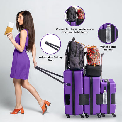 Tach V3.1 Hard Shell 3 Piece Luggage Set - 20, 24 & 28 inch Luggage | Carry On, Medium & Large Checked Suitcases | Patented Built-In Connecting System | Rolling Suitcase Links 9 Bags (Purple)