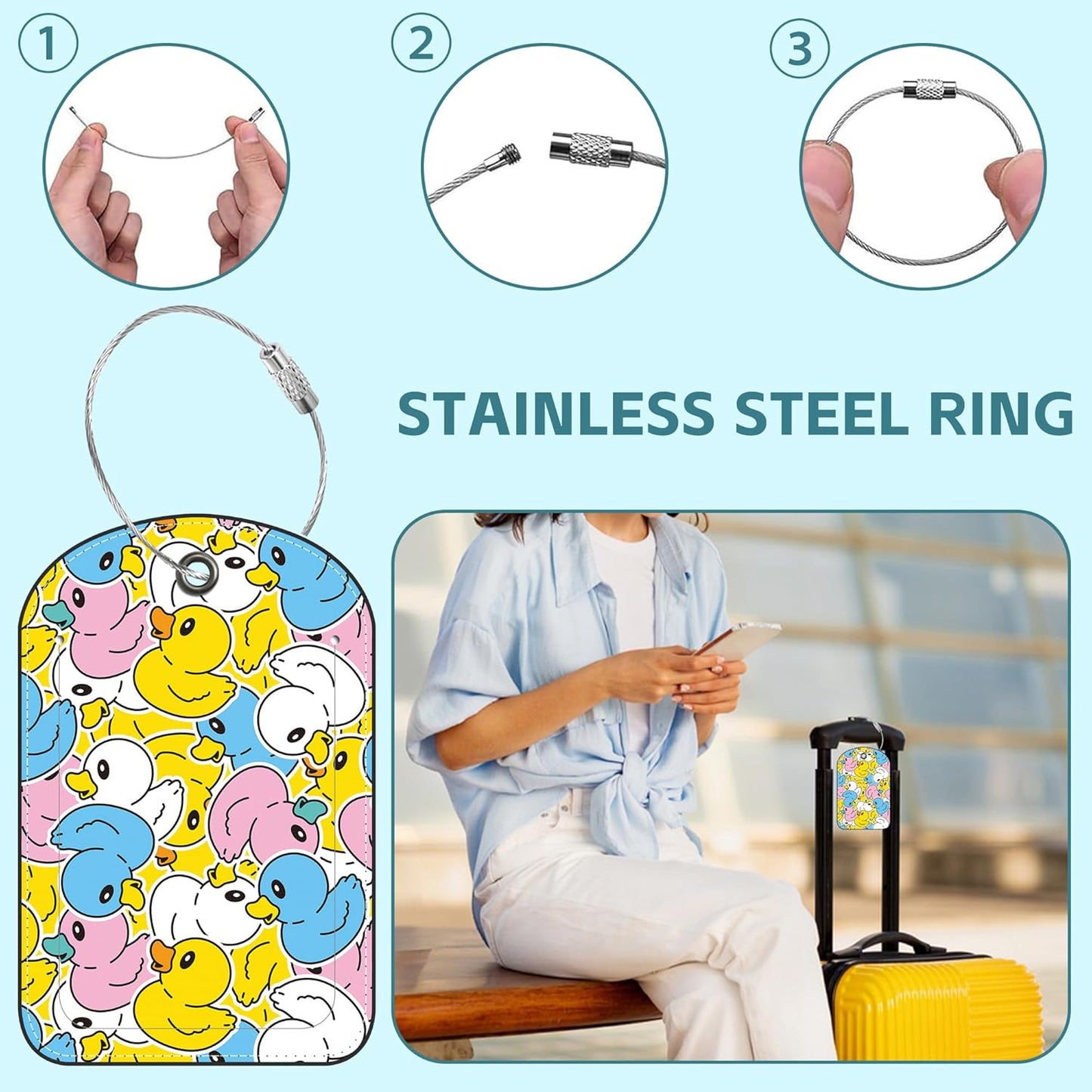 2 Pack Cute Luggage Tag for Suitcases Rubber Duck Leather Luggage Tags with Stainless Steel Loop Privacy Flap Name Tags,Men and Women Travel Bag Suitcase Tags