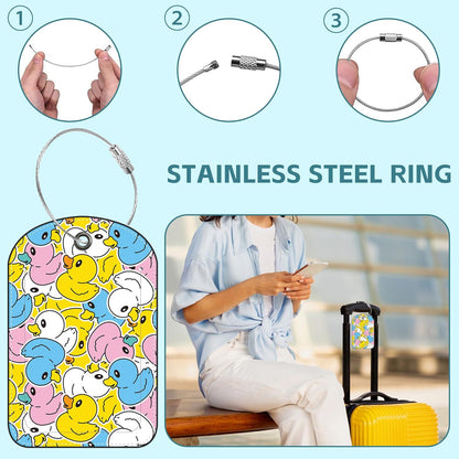 2 Pack Cute Luggage Tag for Suitcases Rubber Duck Leather Luggage Tags with Stainless Steel Loop Privacy Flap Name Tags,Men and Women Travel Bag Suitcase Tags