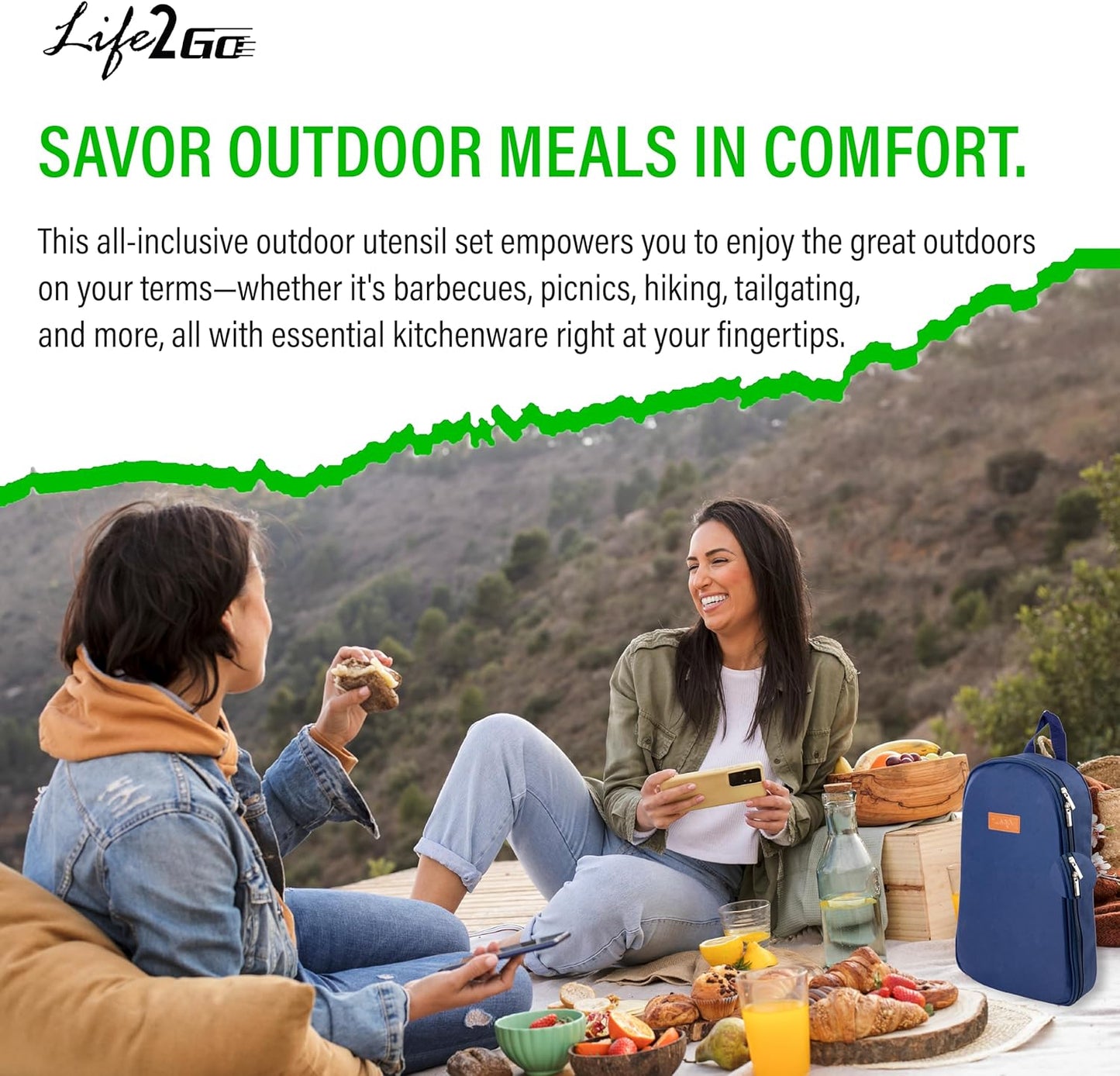 12 Pcs Camp Cooking Utensil Set & Outdoor Kitchen Gear Cookware Kit, Portable Compact Carry Case for Camping, Hiking, Travel, BBQ Grilling Stainless Steel Accessories Spoon & Fork, Navy