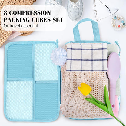 8 Set Compression Packing Cubes Travel, Lightweight Expandable Travel Cubes Suitcase Organizer for Carry On Luggage Suitcase, Light Blue