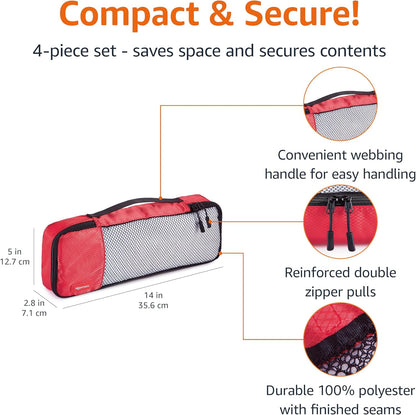 Amazon Basics Slim Packing Cubes for Travel, Packing Organizers, 4-Piece-Set With Double Zipper Pulls and Mesh Top Panel, 100% Durable Polyester, Red, 14"L x 5"W x 3"H