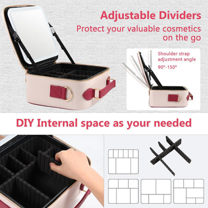 Travel Makeup Bag with Mirror of LED Lighted, Rechargeable Cosmetic Train Case Artist Makeup Organizer for Women with Adjustable Dividers, Makeup Brushes Holder and Strap (White)