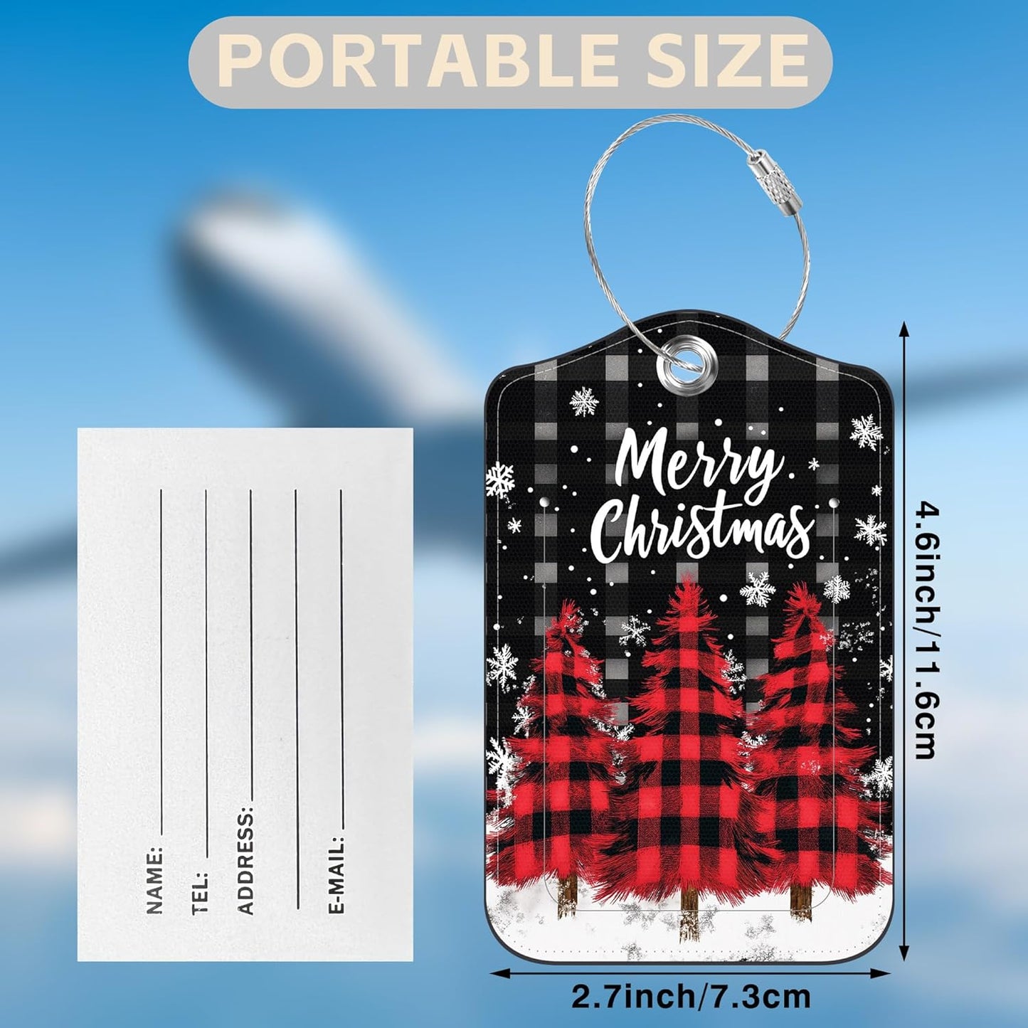 2 Pack Luggage Tags for Suitcases Red and Black Checkered Christmas Tree Leather Luggage Tags Privacy Cover ID Label with Stainless Steel Loop and Address Card for Women Men Travel Bag Backpack