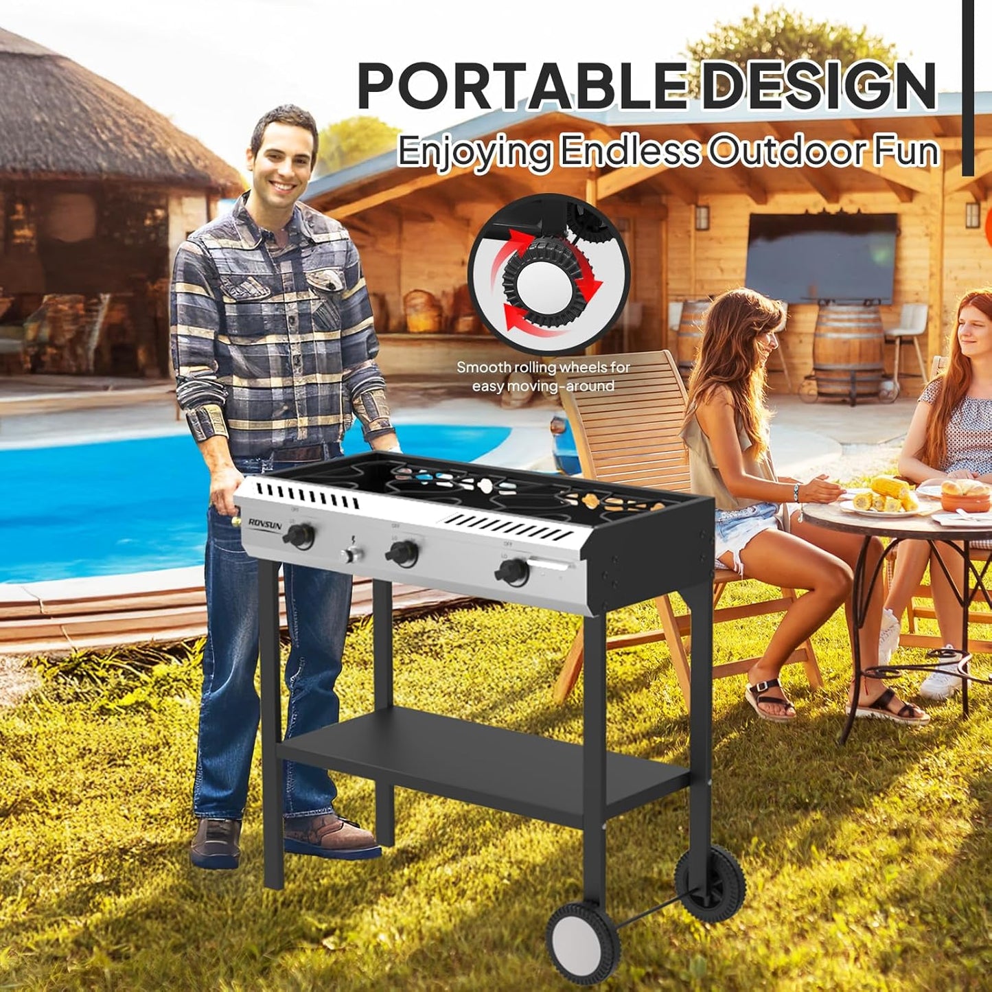 ROVSUN 3 Burner Outdoor Propane Burner with Ignition & Regulator, 225,000 BTU Powerful & Portable Gas Stove Outdoor Stand Cooker for Backyard Patio Cooking Home Camping Brewing Canning Turkey Frying