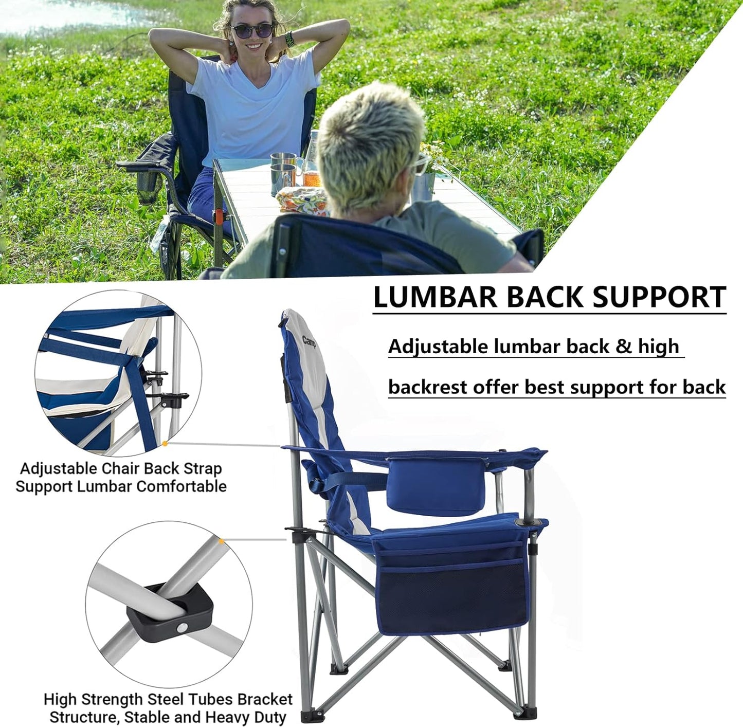 FUNDANGO 2 Packs Oversized Camping Chair with Lumbar Back Support Padded Outdoor Heavy Duty Camping Chair for Adults with Cup Holder, Armrest, Support 300 lbs