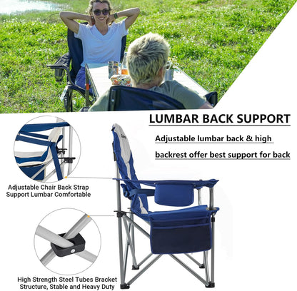 FUNDANGO 2 Packs Oversized Camping Chair with Lumbar Back Support Padded Outdoor Heavy Duty Camping Chair for Adults with Cup Holder, Armrest, Support 300 lbs