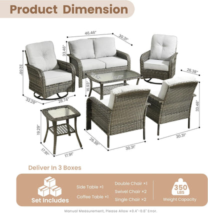 HOOOWOOO Patio Furniture Set,7 Pieces Outdoor Conversation Set,All Weather Wicker Loveseat Sofa Set with High Back Swivel Rocking Chairs Tables,Light Gray