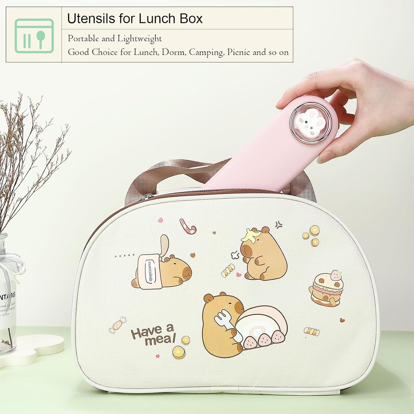 DEVICO Travel Utensils with Case Cute, Reusable Silverware for Lunch, Portable Cutlery Set, 18/8 Stainless Steel Fork Spoon Chopsticks in Cartoon Case, Dishwasher Safe (Pink)