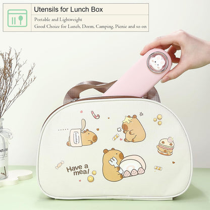 DEVICO Travel Utensils with Case Cute, Reusable Silverware for Lunch, Portable Cutlery Set, 18/8 Stainless Steel Fork Spoon Chopsticks in Cartoon Case, Dishwasher Safe (Pink)