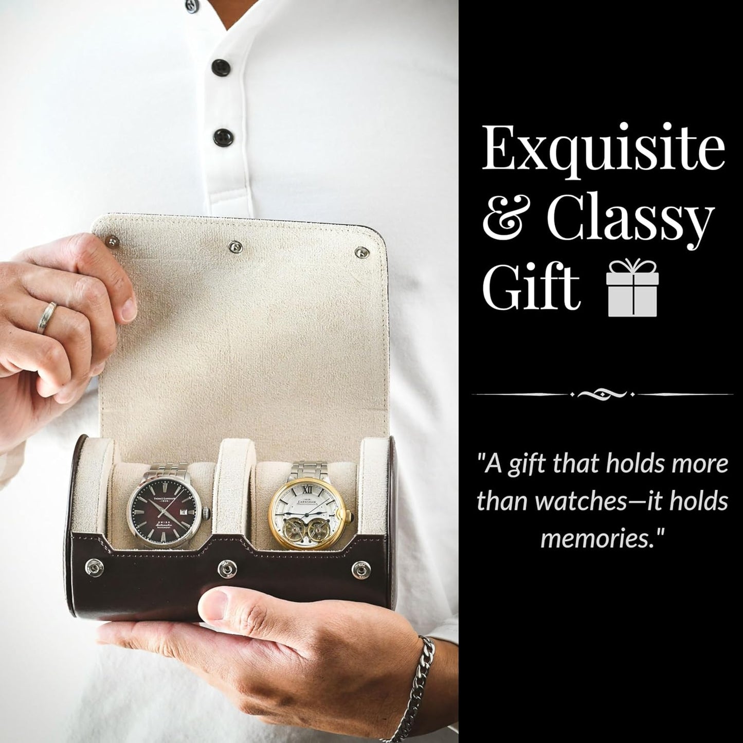 2 Watch Travel Case for Men - Mirage Watch Roll Gift Accessory - Espresso/Ivory Vegan Leather