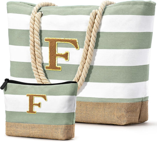 Becokan Beach Bag Initial Beach Tote with Makeup Bag for Travel Work Storage Personalized Birthday Gifts for Women Her