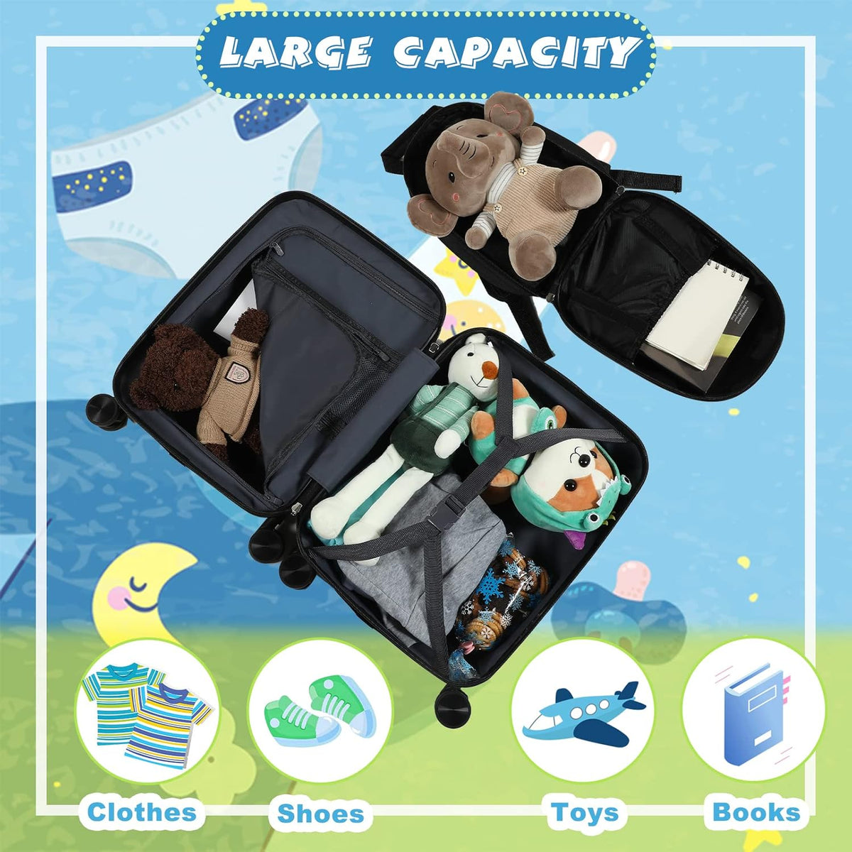 Weewooday Kids Luggage and Backpack 18" Suitcase with Spinner Wheel Hard Case Travel 13" Backpack Girl Suitcase Set for Kids Travel Supplies(Black,Dinosaur Style)