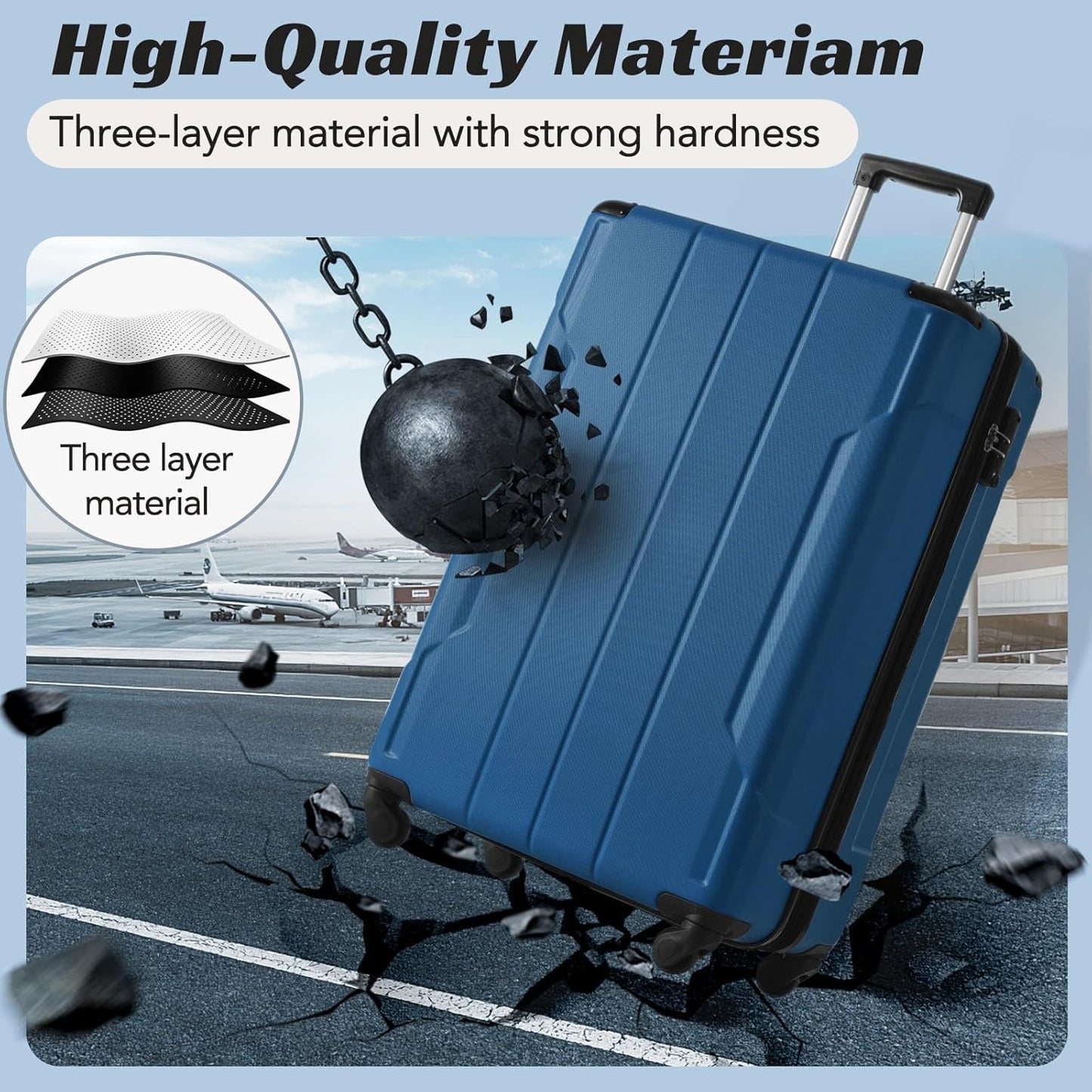 Merax Luggage Set 3 Piece Carry on Luggage, Lightweight Durable Spinner Suitcase with Corner Guards (Blue, 20inch)