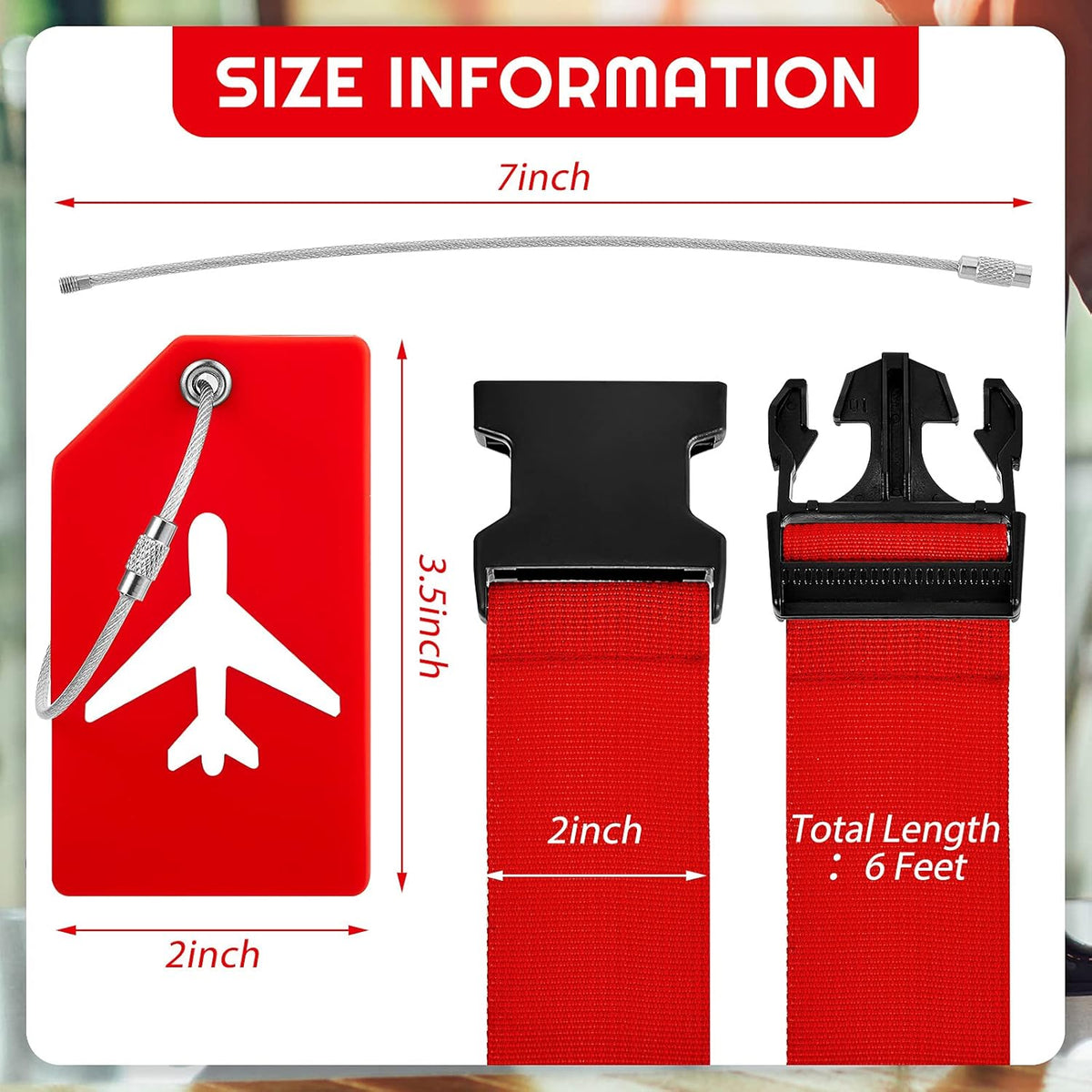 Weewooday 8 Pcs Luggage Straps Suitcase Tags Set for TSA Approved, 4 Travel Adjustable Suitcase Belt, 4 Silicone Luggage Tags with Name ID Card Travel Accessories(Red,Airplane)