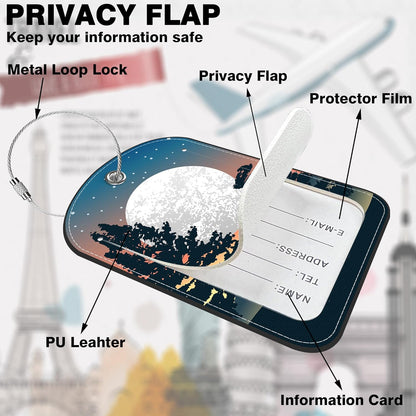 Abstract Mountain Forest Moon Leather Luggage Tag for Suitcase 2 Pack Luggage Tag with Privacy Name ID Label and Stainless Steel Loop for Travel Bag Suitcase