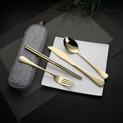 DEVICO Camping Utensils, Portable Travel Utensils with Case, Stainless Steel Reusable Silverware for Lunch Adult, 5Pcs Cutlery Set Includes Knife Spoon Fork Chopsticks and Case (Gold)