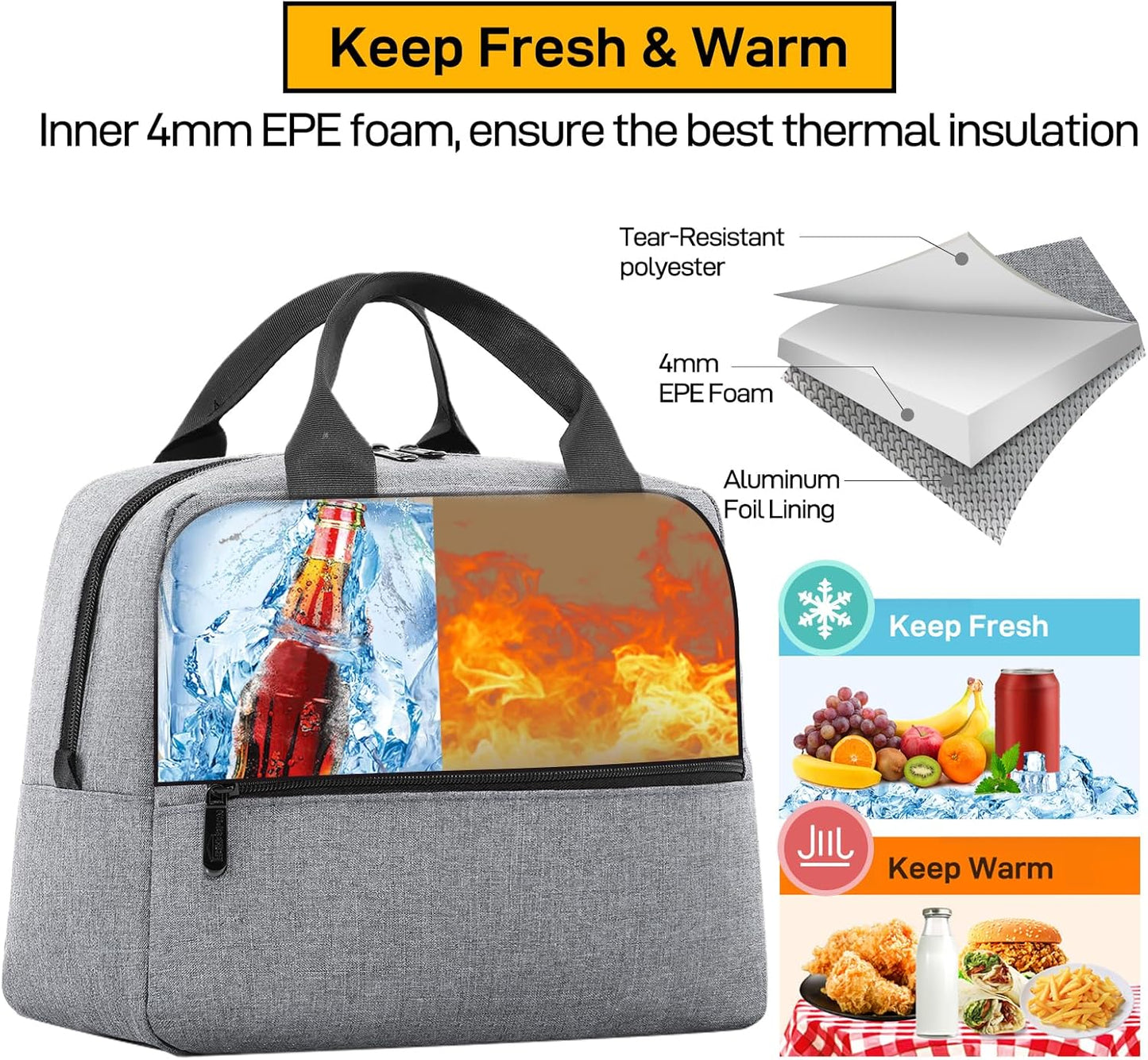 HOMESPON Insulated Lunch Bag for Women Men Lunch Box Cooler Lunch Tote for Work Picnic (Grey)