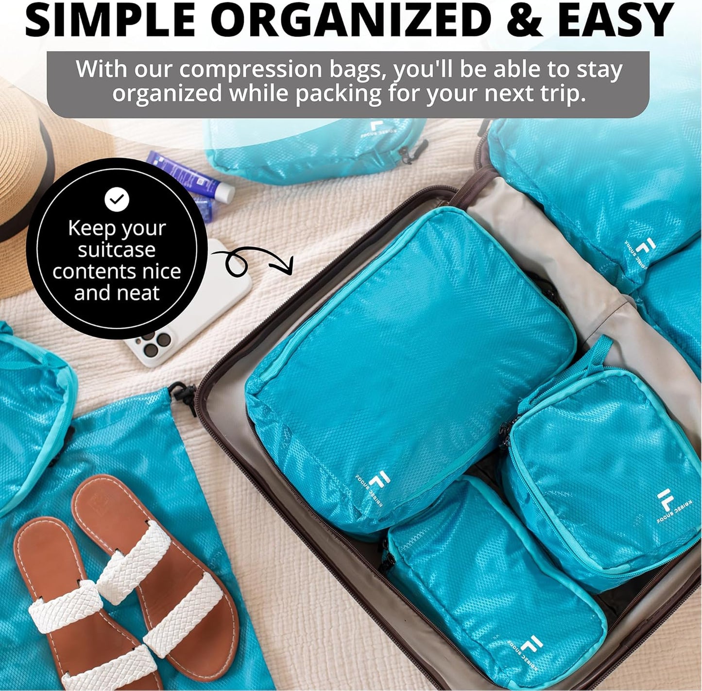 8 Piece Compression Packing Cubes Set - Double Capacity Design for Travel - Small, Medium & Large Sizes - Carry-On Suitcase Organizer Bags (Turquoise)