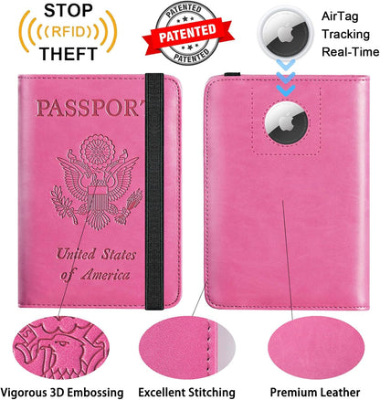 Airtag Passport Holder Cover Wallet Travel Essentials RFID Blocking Leather Card Case International Must Haves Travel Accessories for Women Men(119#Pink)