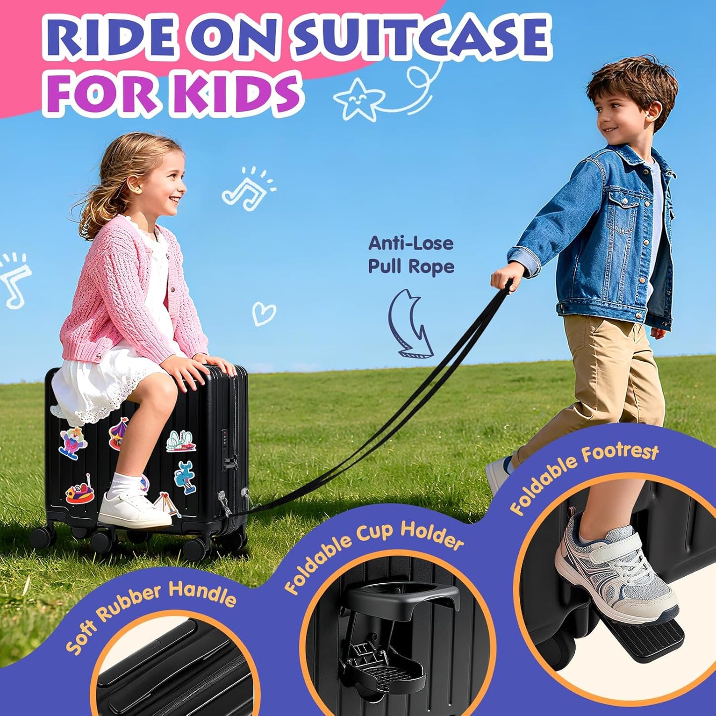 Kids Ride-On Luggage, 20" Hardshell Carry-On Suitcase with 6 Spinner Wheels, Foldable Pedal, Hidden Cup Holder & Combination Lock for Toddlers & Children (Black, 20-inch)
