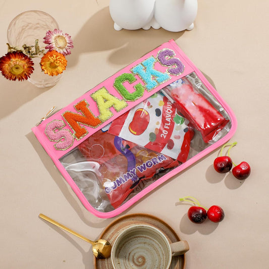 DYSHAYEN Chenille Letter Clear Zipper Pouch for Travel,Nylon Clear Cosmetic Bag,Makeup Travel Bag for Women Girls 11.8 Inches x 8.2 Inches