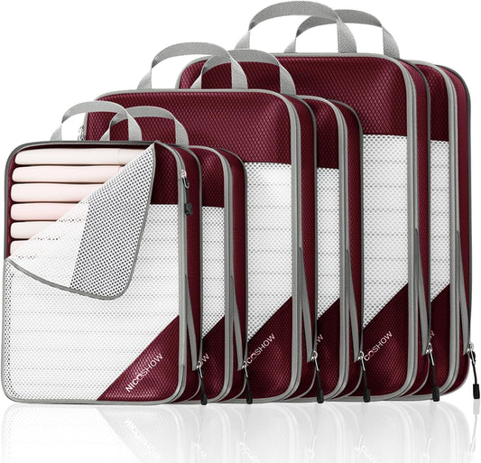 6 Set Compression Packing Cubes for Travel - Compressible, Lightweight, and Space-Saving Packing Cubes, Travel Essentials for Women, Wine