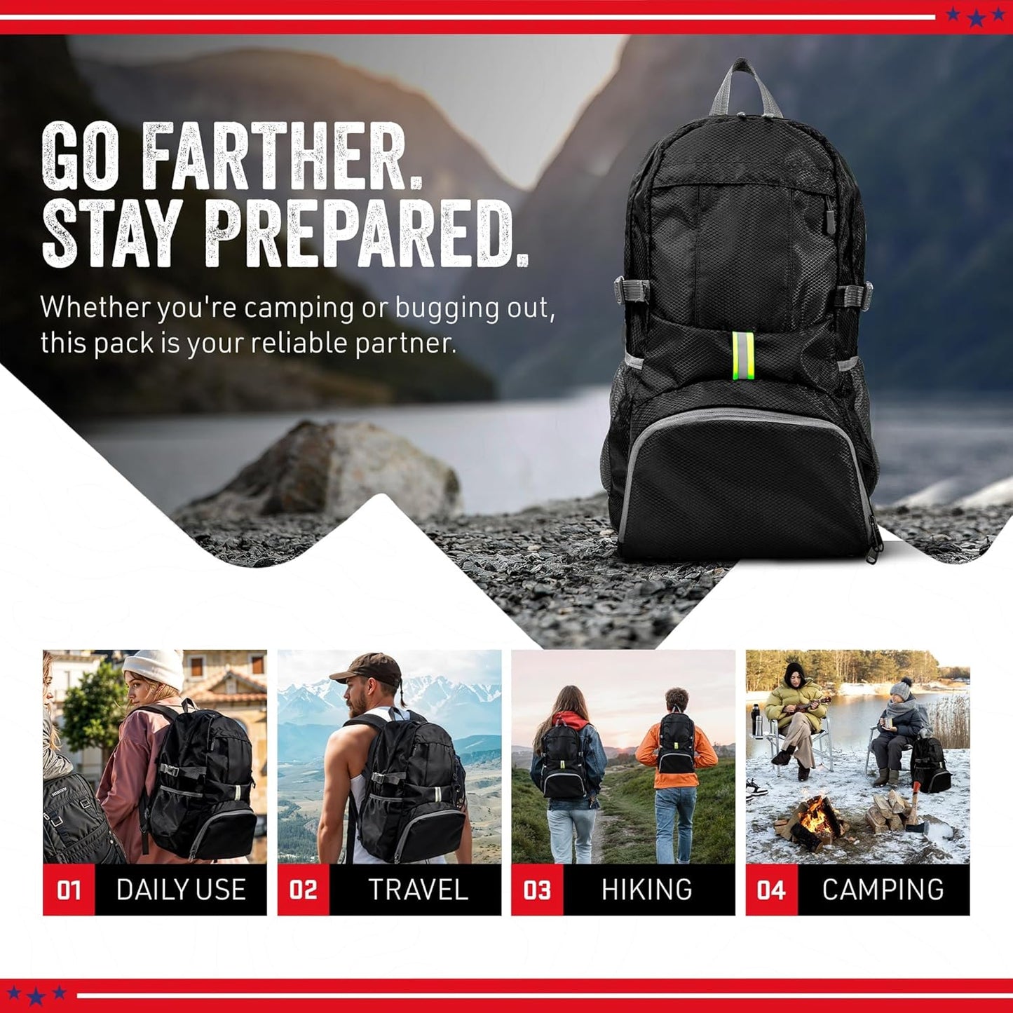 Ready Pack 35L — Foldable Backpack for Travel | Lightweight, Water Resistant Hiking Daypack | Compact, Packable Backpack for Men & Women | Great for Camping & Daily Use