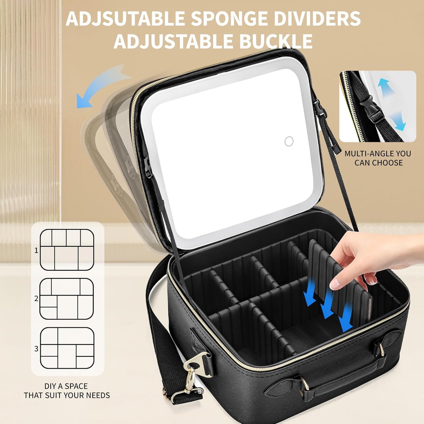 Travel Makeup Bag with Light Up Mirror, Cosmetic Artist Organizer Case with LED Mirror, Travel Makeup Case for Cosmetic Brush Holder Storage, Toiletry Case for Women Gift