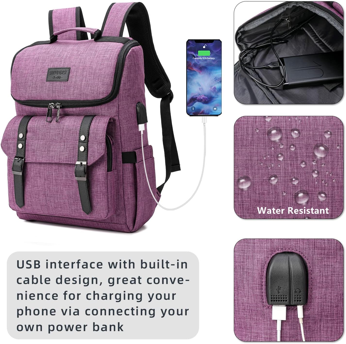 YALUNDISI Vintage Backpack Travel Laptop Backpack with usb Charging Port for Women & Men College Backpack Fits 15.6 Inch Laptop Purple