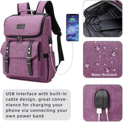 YALUNDISI Vintage Backpack Travel Laptop Backpack with usb Charging Port for Women & Men College Backpack Fits 15.6 Inch Laptop Purple