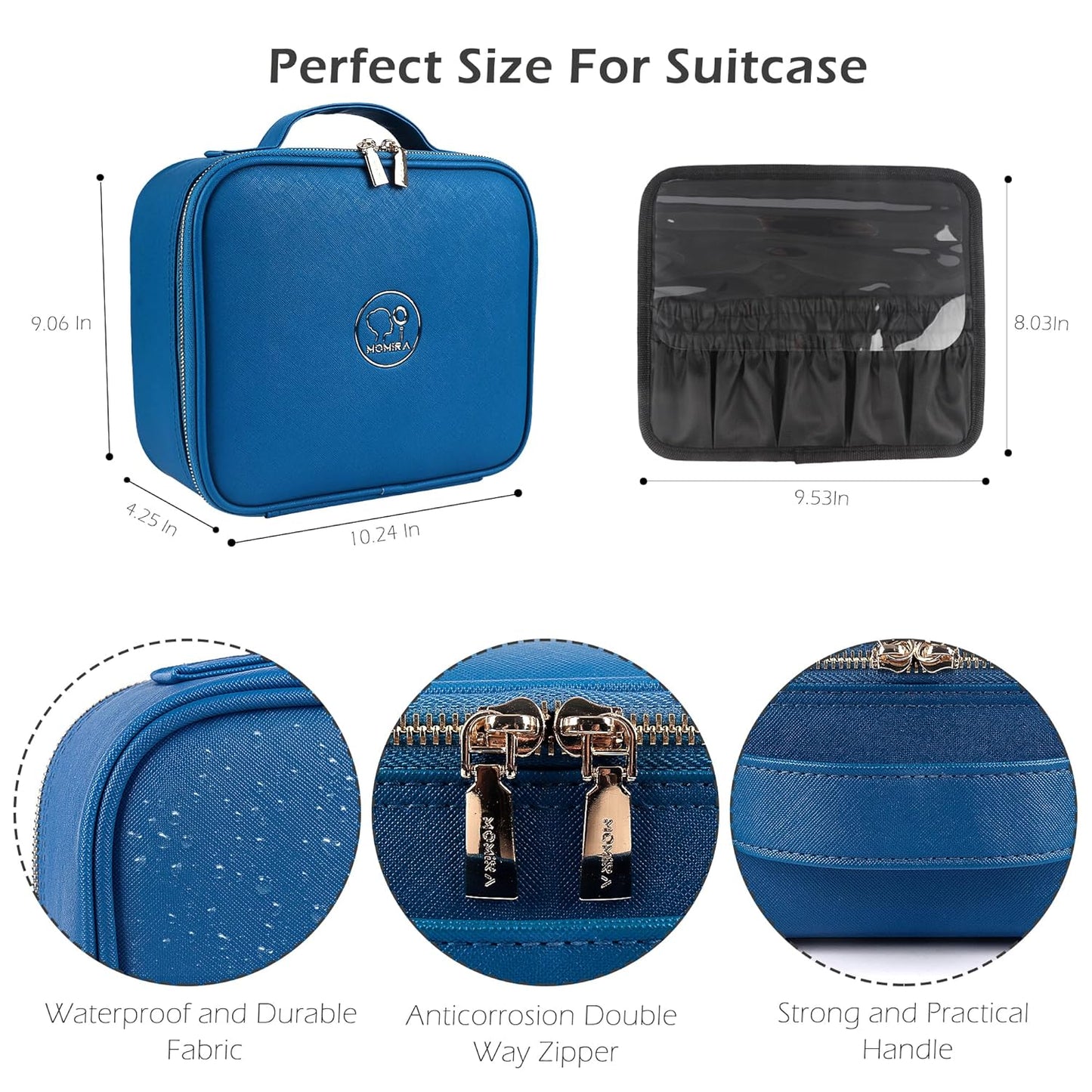 MOMIRA Travel Makeup Bag Cosmetic Bag Makeup Organizer Bag with Lighted Mirror, Adjustable Brightness in 3 Color Scenarios, Waterproof Makeup Train Case, Gift for Women - Cyan Blue