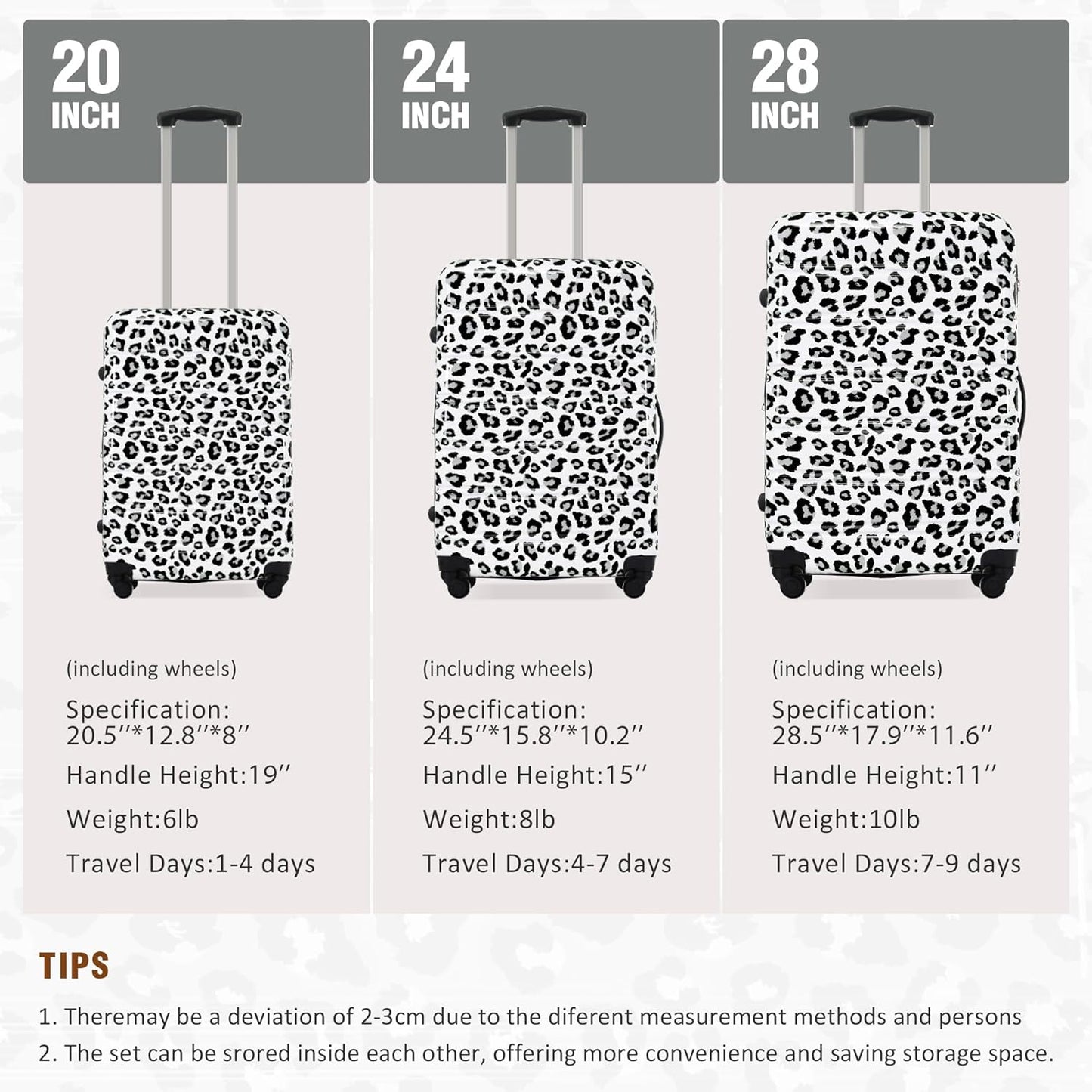 Merax Luggage Sets 3 Piece, Hardside Expandable Suitcase Set with Spinner Wheels, Lightweight Leopard Luggage 20+24+28 IN, Leopard White+Black