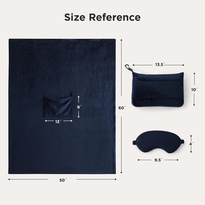 Bedsure Travel Blanket Airplane Compact with Storage Bag, Packable Blanket with Eye Mask, Lightweight 2-in-1 Travel Essentials, Functioned as Pillow for Airplane Comfort and Warmth, Navy