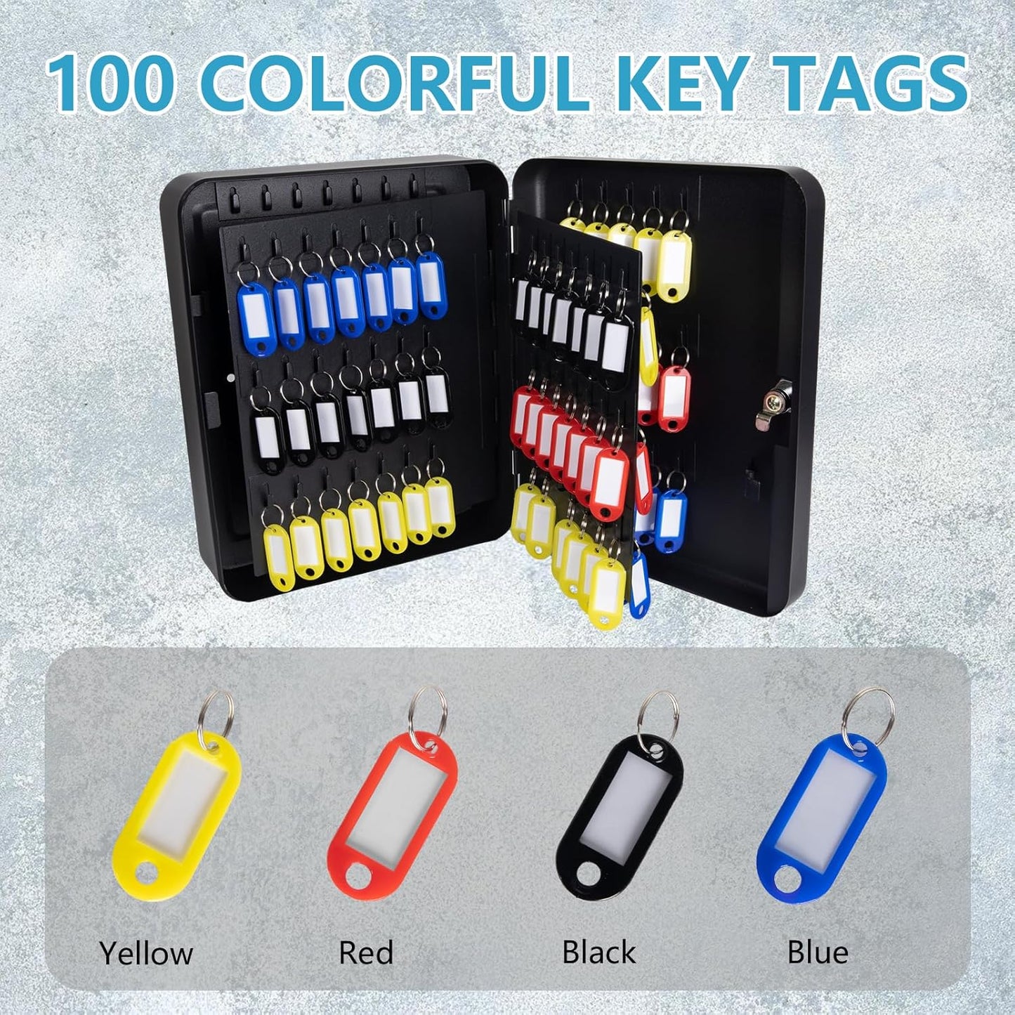 72 Position Key Cabinet with Combination Lock Wall Mount, Black Steel Locking Key Organizer Safe Security Storage Lockbox Holder for Valets, with Colorful Key Tag Labels Stickers and Hooks