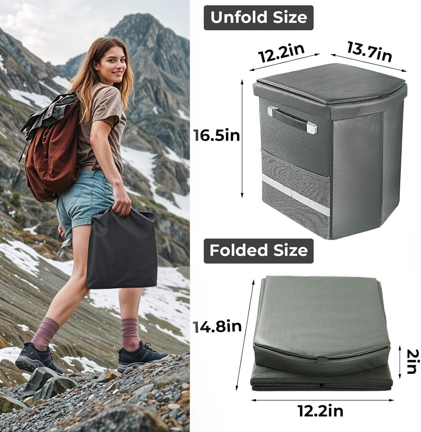 2025 Upgraded 16.5'' XL Portable Toilet for Adults,Tall Camping Toilet with Lid and Convenient Carry Bag, Portable Potty for Camping, Hiking, Car Travel,Truck, RV, Boating, Road Trips, Beach (Gray)