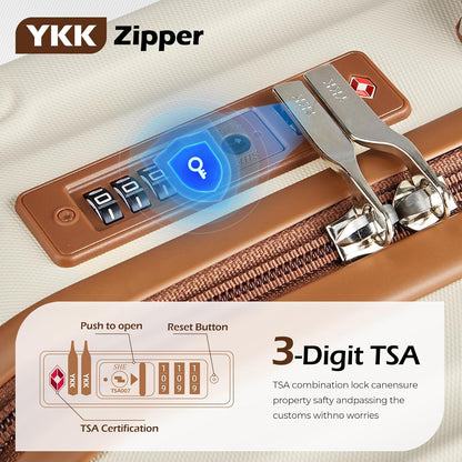 Luggage Set 3 Piece Luggage with PC+ABS Hardshell TSA Lock Spinner Wheels Carry on Lightweight Suitcase,Cup Holder,YKK Zippers (Beige, 5 piece sets(20/24/28/DB/TB))