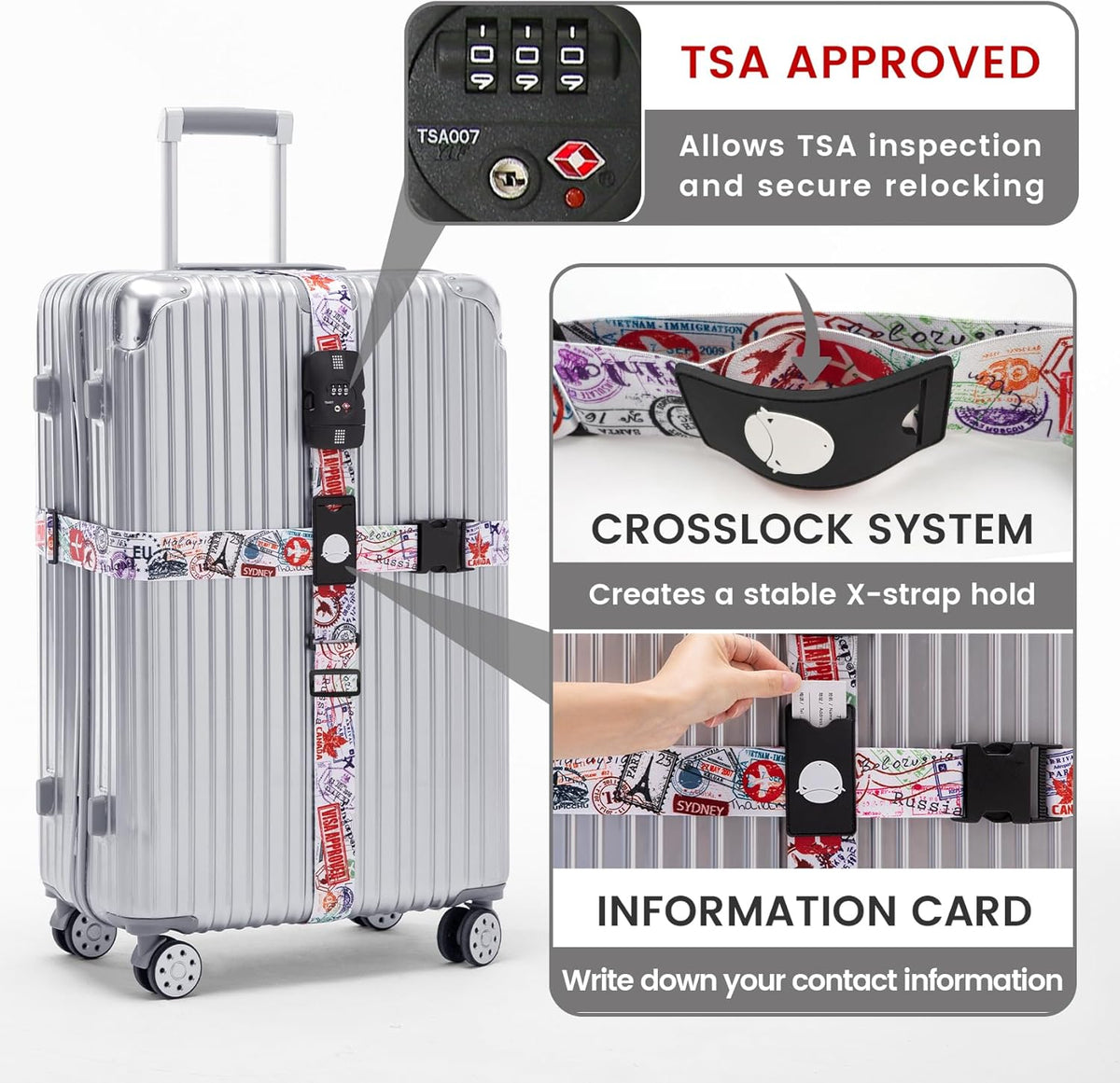 Travelkin Luggage Straps TSA Approved - Adjustable Cross Suitcase Straps with TSA Lock, Reinforced Buckle, Unique Pattern - Secure Heavy Duty Luggage Straps for Travel (Journey)