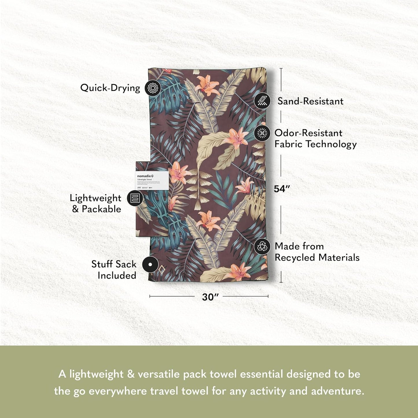 Nomadix Ultralight Towel - Quick Dry & Super Lightweight - Perfect As A Pack Towel to Save On Space - Made with Recycled Materials - Palms Night - 30x54