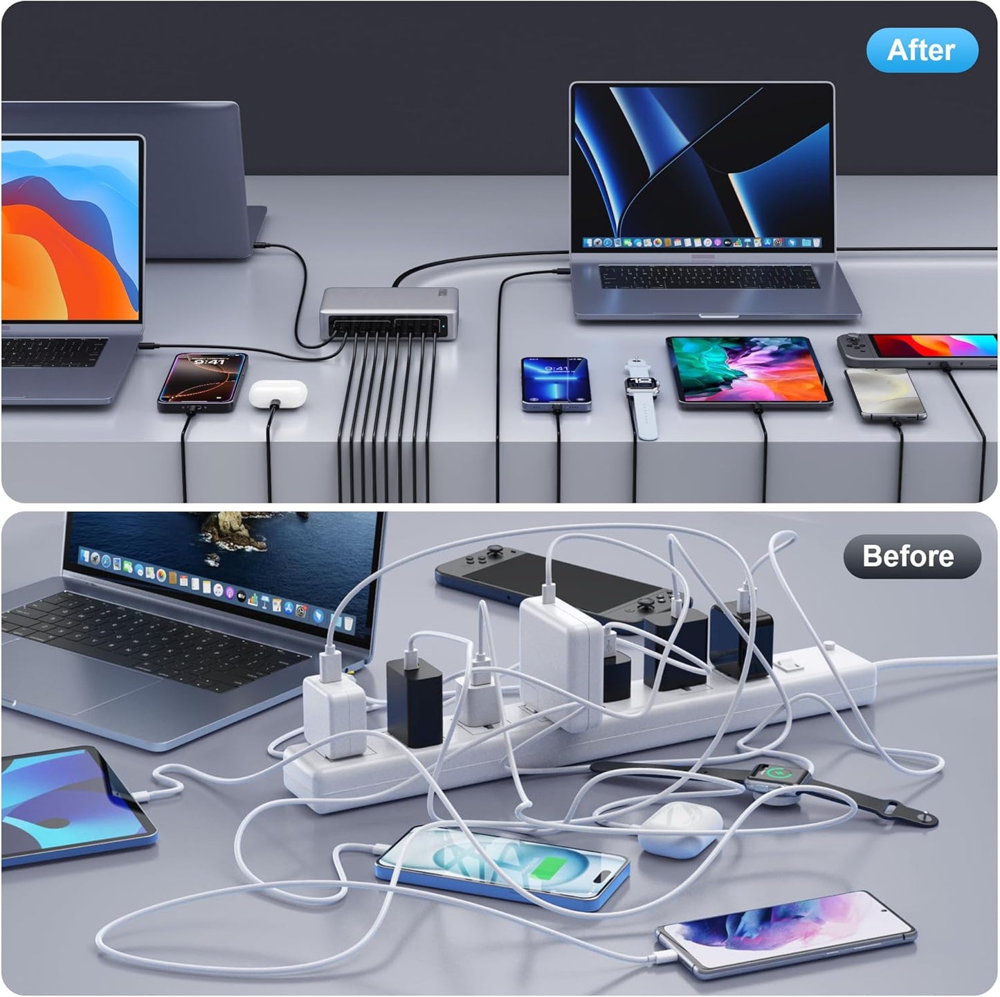 730W USB C Charger Block,GaN IV Fast Charging Station Hub 10 Ports,QC4.0+3 PD 100W USB C Laptop Charger Ports Power Adapter Compatible with MacBook Air/Pro,DELL,iPhone 16/15/14/13,iPad,Steam Deck