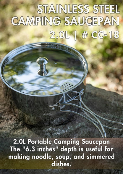 CAMPINGMOON 2 Quart Camping Saucepan 3-ply Stainless Steel Cooking Pot w/Lid Foldable Handle Compact Storage Portable IH Compatible CC-18