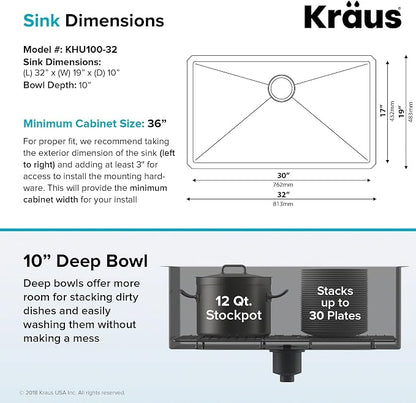 KRAUS Standart PRO™ 32-inch 16 Gauge Undermount Single Bowl Stainless Steel - Image 4