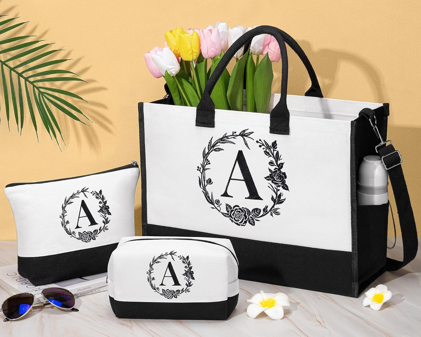 Personalized Mothers Day Gifts for Women, Initial Canvas Tote Bag & Makeup Bag Monogrammed Beach Tote Bag for Women w/Zipper, Birthday Gifts for Women Mom Her Girlfriend Wife Sister Friend Daughter