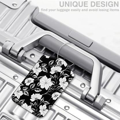 2 Pack Luggage Tags for Suitcases Black Flowers and Leaves Leather Luggage Tags Privacy Cover ID Label with Stainless Steel Loop and Address Card for Women Men Travel Bag Backpack