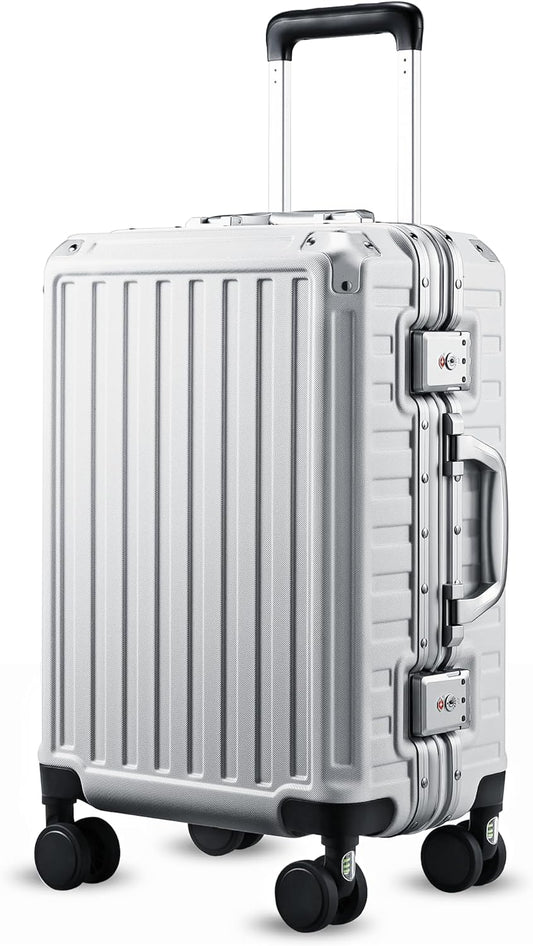 LUGGEX Carry On Luggage with Spinner Wheels, 20 Inch Aluminum Frame Zipperless Polycarbonate Hard Shell Suitcase, Silver