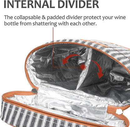 Tirrinia 2 Bottle Wine Gift Tote Carrier - Leakproof & Insulated Padded Versatile Wine Cooler Bag for Travel, BYOB Restaurant, Wine Tasting, Party, Dinner,Gift for Wine Lovers, Black Stripe