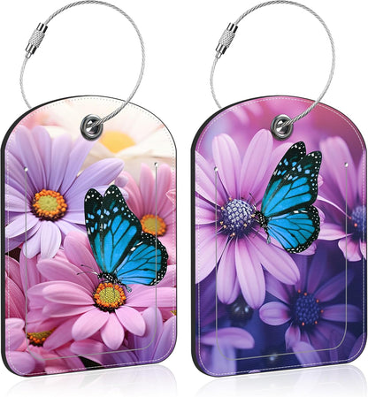 2 Pack Luggage Tag for Suitcase Purple Daisy and Butterfly Leather Suitcase Tags with Privacy Name ID Label and Stainless Steel Loop for Travel Bag